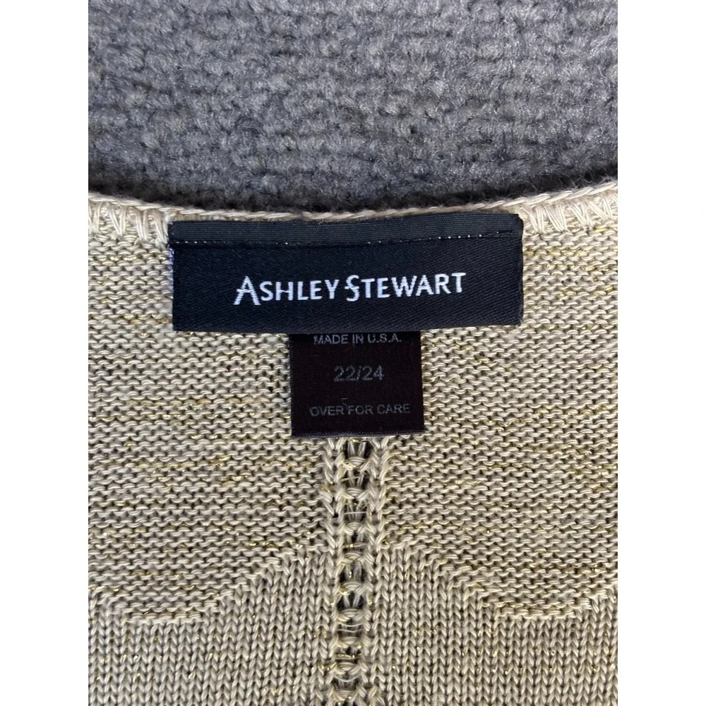 Ashley Stewart Sweater Women's Size 22/24 Tan Knit V-Neck Round Neck Pullover